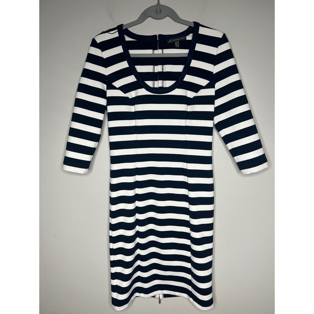 Adrianna Papell Nautical Breton Stripe Knit Dress Navy White Red Zip Back Size 8